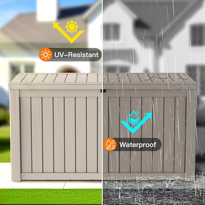Mars Villa 150 Gallon Outdoor Storage Box, Large Resin Deck Box Waterproof, for Pool Supply Storage, Outdoor Patio Furniture Cushion, with Hydraulic Hinge, UV-Resistant and Weatherproof, Greige