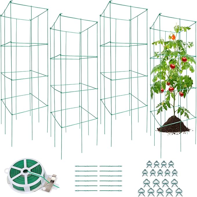 DoCred 4 Pack Tomato Cage, Folding Tomato Cage Heavy Duty Metal Square Tomato Cages Coated Steel Garden Plant Support Stake Tower for Climbing Vegetables, Plants, Flowers, Steel Green