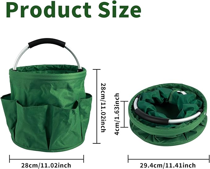 Gardening Storage Tote with Handle and 6 Pockets, Folding Garden Tool Basket, Storage Bag for Outdoor Picnic Organizer, 17L Cleaning Organizer, Bathroom Organizer, Garden Tool Kit Holder (Green)