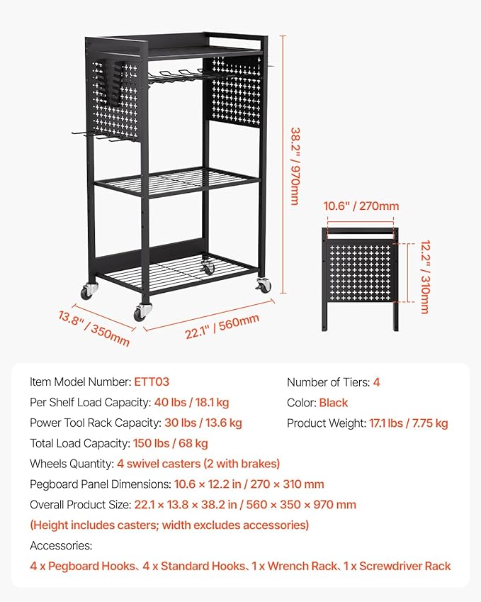 VEVOR 4-Tier Tool Organizer Cart, 150 lbs Load Capacity, Floor Stand Rolling Drill Holder and Stability Storage Rack, Heavy Duty Garage Floor Rolling Storage Cart for Workshop, Garage, Black