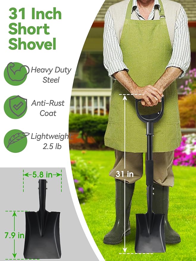 Shovel, Garden Shovels for Transferring, 31” Flat Square Spade Snow Shovel, Small Short Shovels for Car Snow Removal, Digging, Gardening, Trenching, Landscaping, Metal Scoop Shovel with D-Handle Grip