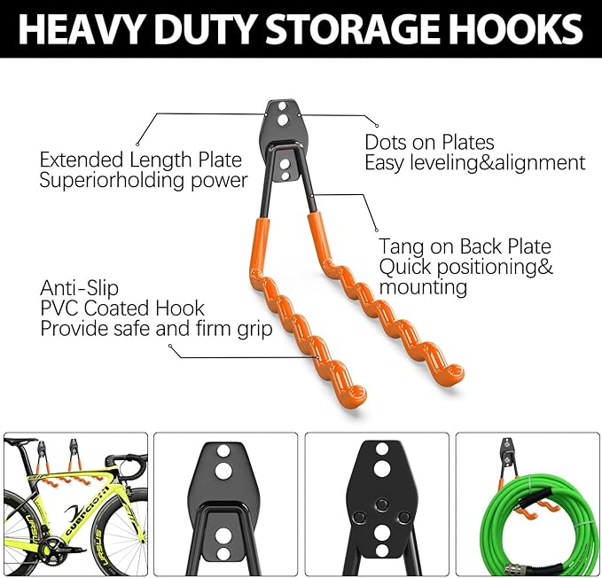 3-H Garage Wall Hooks Heavy Duty 31 Pack, Anti-Slip Steel Wall Mount Storage Hooks for Hanging Ladder Garden Yard Tools, Utility Organizer for Garage Lawn Shed (Orange)