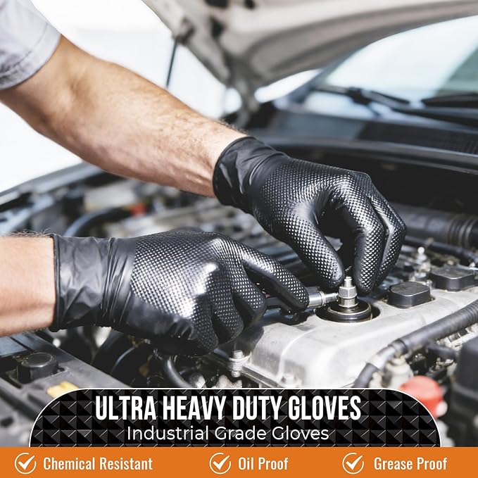 10 Mil Nitrile Disposable Gloves Heavy Duty Mechanic Gloves Raised Diamond Texture Thick (Black of 1000, X-Large)