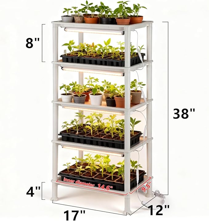 5-Tier Seed Starter Trays Plant Stand with LED Grow Light (Auto-Timer), Bottom Watering Designed for Indoor Greenhouse Plants, Fits Small Pots & Seedling Cell Trays - White