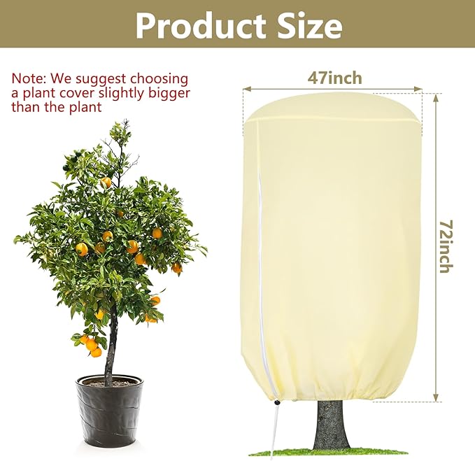 2 Pack Rounded Top Plant Covers Freeze Protection for Winter, Plant Covers for Winter, 47" X 72" Tree Frost Protection Blankets Outdoor With Zipper/Drawstring, for Shrub Bush Fruit Tree Potte(Beige)