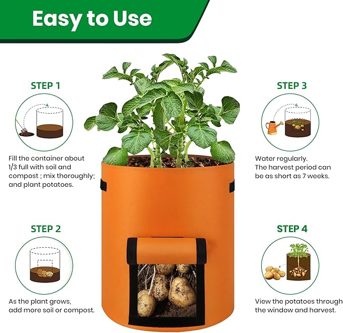 6 Pack Potato Grow Bags, 10 Gallon Planting Bags Large Fabric Pots with Flap Window Vegetable Planter Garden Pot Tall Potato Growing Containers with Handles for Vegetables, Fruits and More, Orange