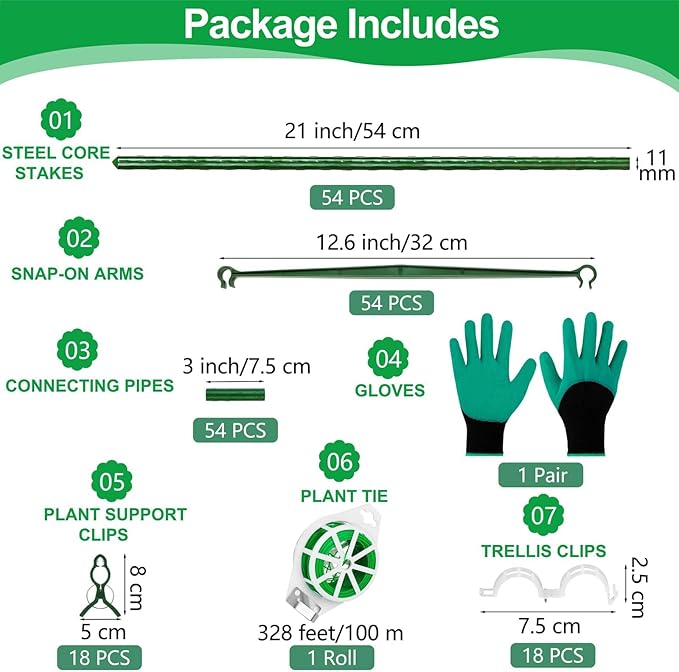 6 Pack Tomato Cages for Garden Plant Support Up to 48 Inches Assembled Vegetable Plant Cages Stakes Support Trellis with Clips and Twist Tie for Vertical Climbing Plants Flowers Fruit, Green