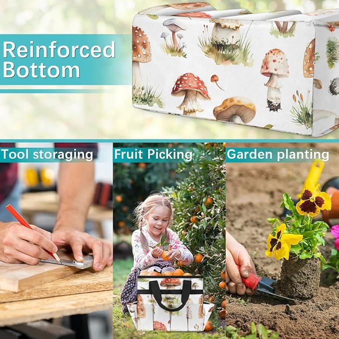 Garden Tool Bag Organizer Garden Tote Bag with Pockets Types of Mushrooms Tool Storage Organizer Gardening Tool Kit Holder 13" x 6.8" x 2.8"