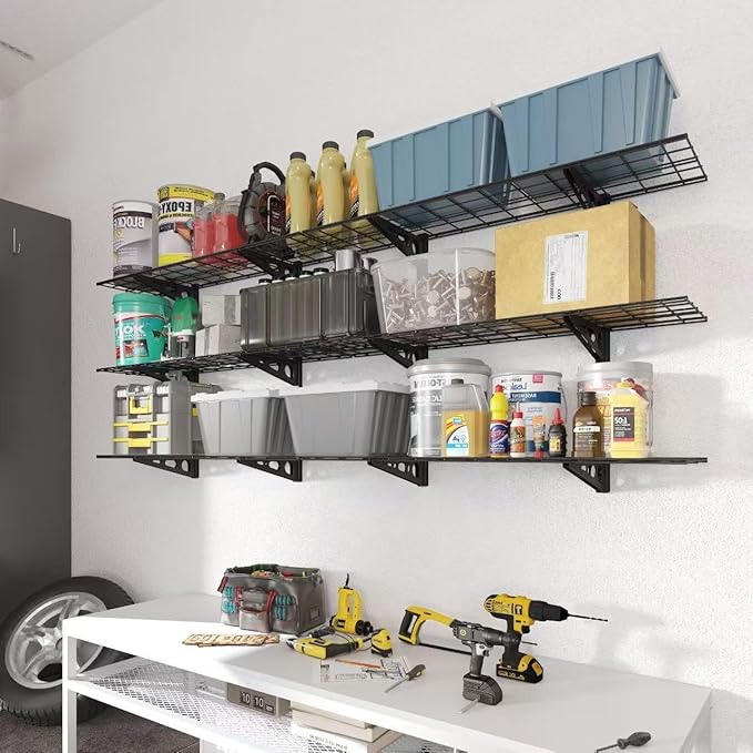 FLEXIMOUNTS 2 Pack 3 Tier 1x4ft Garage Storage Wall Shelving, 900lbs Total Weight Capacity 12x48inch per Shelf Height Adjustable Floating Shelves, Black