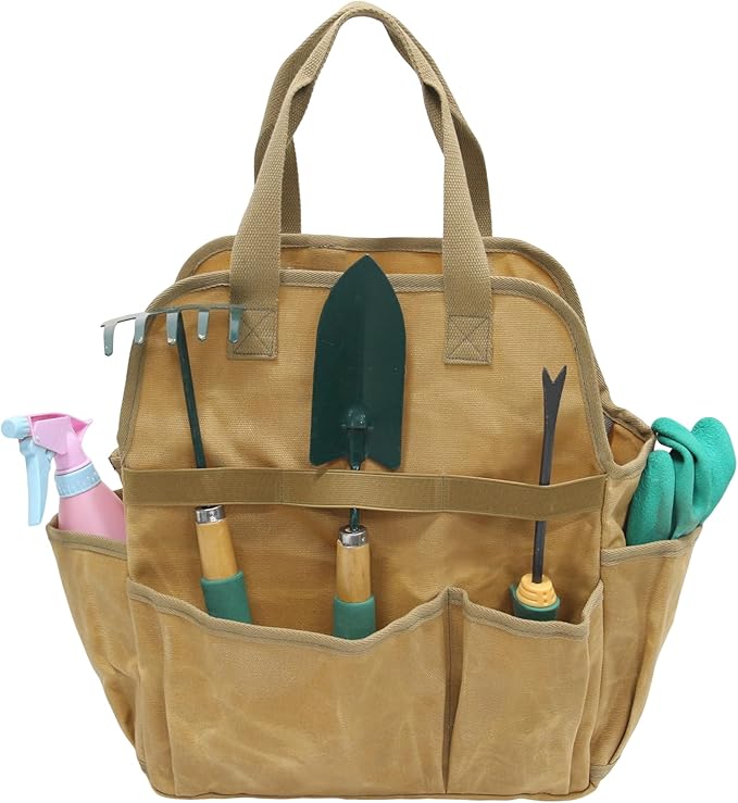 Waxed Canvas Utility Tote Bag, Large Capacity Multi-Pocket Garden Tool Bag, Heavy Duty Waterproof Work Tote for Camping, Gardening, Organizer Storage Bag for Men Women (Khaki)