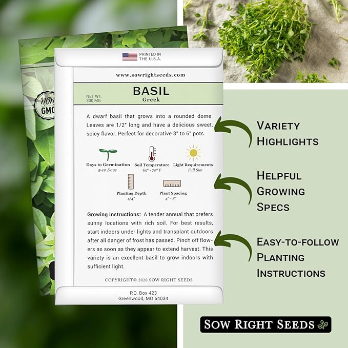 Sow Right Seeds - Greek Basil Seed for Planting - Non-GMO Heirloom Packet with Instructions for Easy Planting and Growing a Kitchen Herb Garden - Indoors & Outdoor - Small Leaved Dwarf Sweet Basil (2)