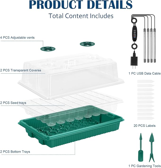 Nandae Seed Starter Tray with Grow Light, 2 Pack 80 Cells Seedling Tray Kit with Humidity Hood and Drainage Hole, Adjustable Light & Timing, Perfect for Indoor Seed Cultivation