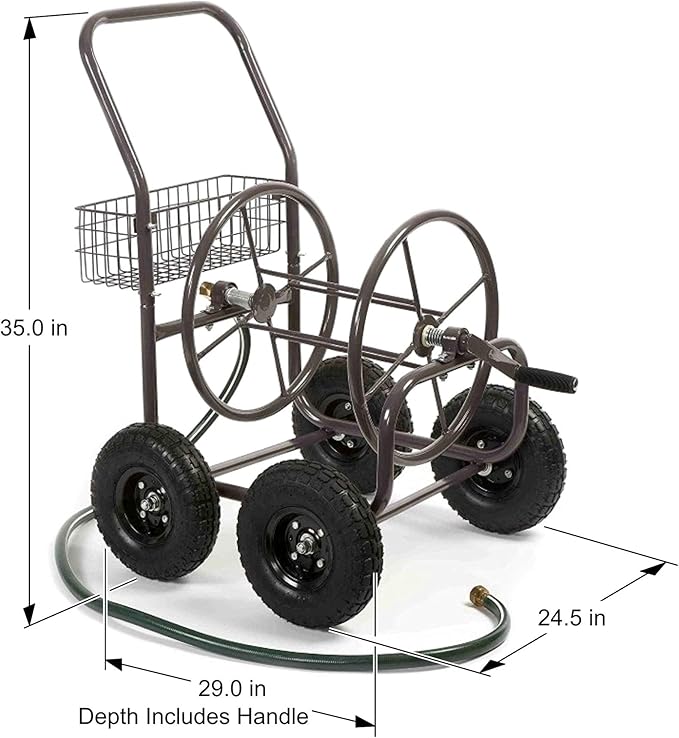 Liberty Garden Residential Grade Four Wheel 250 Foot Capacity Steel Frame Water Hose Reel Cart with Basket for Backyard, Garden, or Home, Brown, Bronze
