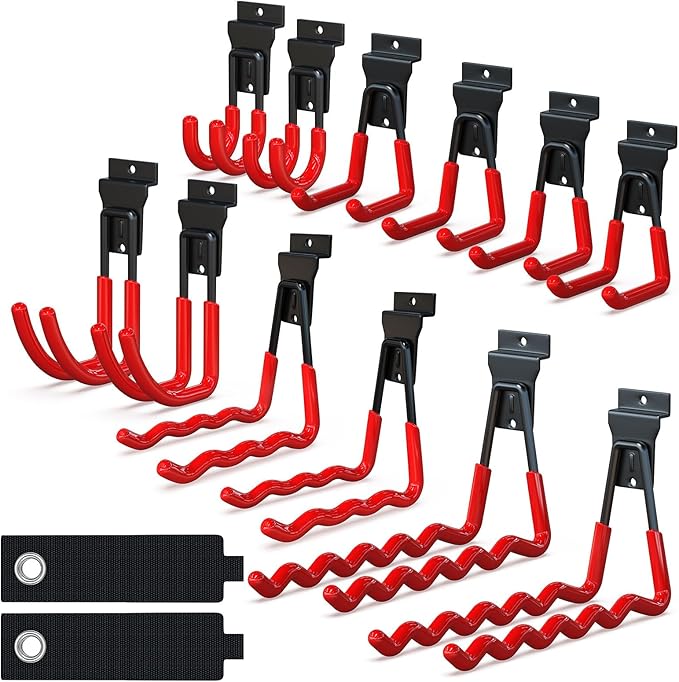 Slatwall Hooks 14PC, Slatwall Accessories, Slat Wall Hanging Hooks and Hangers 5 Sizes with Extension Cord Organizer, Proslat Accessories for Organizing Garden Tools(red)