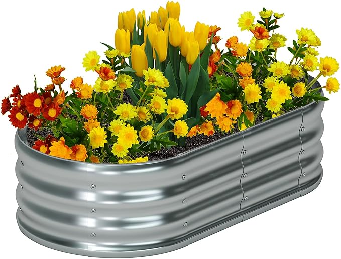 zizin 1 Pack Galvanized Raised Garden Bed Metal Oval Raised Garden Beds Outdoor Planter Box for Vegetables (4x2x1.3FT, Silver)