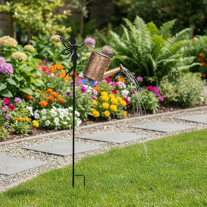Solar Garden Outdoor Decorative, Watering Can with Layered Lighting, Featuring Metal Silhouette Garden Stake, Mother's Gift for Women, Waterproof Garden Decor (Fairy)