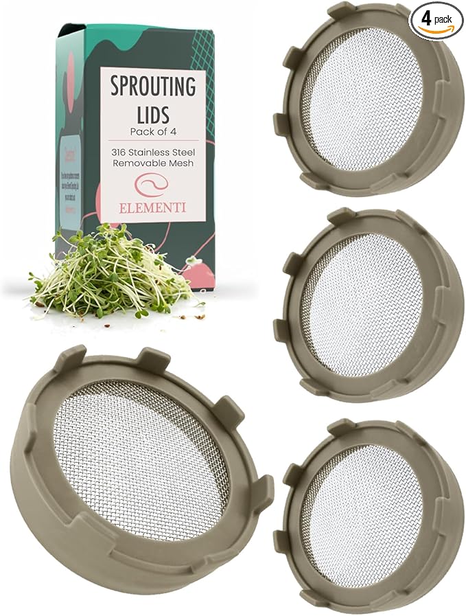 Elementi Sprouting Lids for Wide Mouth Mason Jars (Set of 4), Sprouting Jar Kit for Organic Alfalfa & Micro Greens Sprouts Growing Kit, 316 Stainless Steel Mesh Screen Strainer Lid (Mushroom)