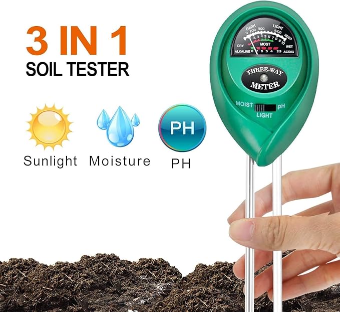 iPower Soil pH Tester, 3 in 1 Moisture Sunlight Meter for Home, Garden, Lawn Farm, Indoor and Outdoor Plants, 1 Pack, Green