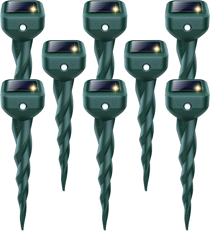 Mole Repellent Solar Powered, 8 Pack Snake & Skunk Repellent for Yard, IP 65 Waterproof Ultrasonic Deterrent Stakes, Get Rid for Rabbit, Gopher, Vole, Chipmunk, Deer, Groundhog for Lawns Garden