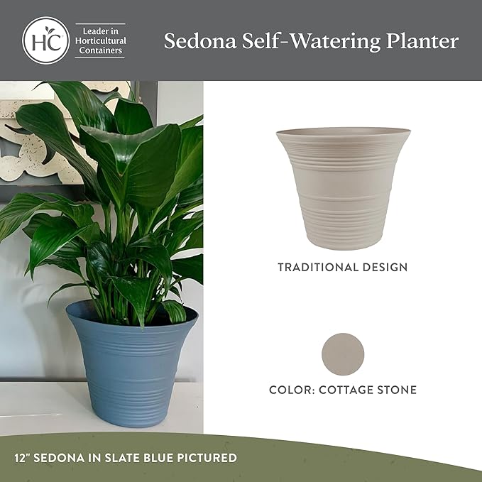 The HC Companies 12 Inch Sedona Round Self Watering Planter Pots, Lightweight UV-Resistant Plastic Indoor & Outdoor Planters, 2-Pack Flower Pots for Garden & Home Decor, Cottage Stone