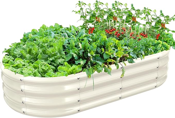 TBMLC Oval Galvanized Planter Box, Metal Raised Garden Bed - 0.8MM Thick- Ideal for Outdoor Gardening and Planting of Vegetables Flowers Fruits Succulent Plants and Others (White, 5X2.7X1 FT)