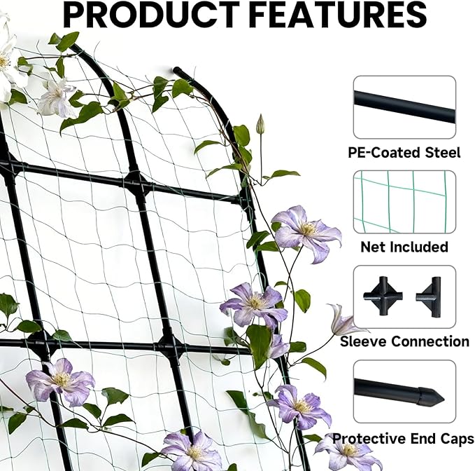 7.2ft Leaning Garden Trellis, No-Drill Lean-to Design for Climbing Plants | PE-Coated Galvanized Steel Plant Support for Flowers & Vegetables, Rust-Proof & Space-Saving Vertical Gardening