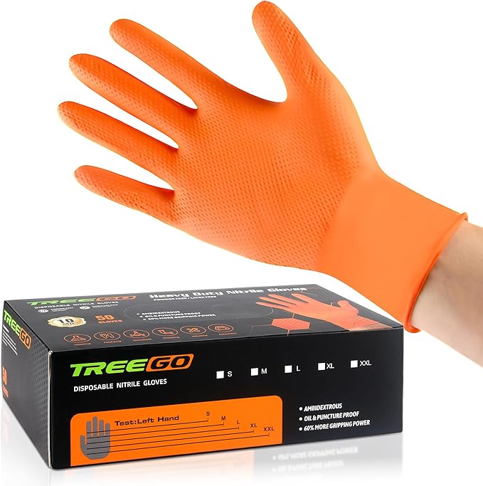 TREEGO 10 Mil Nitrile Gloves XL - Heavy Duty Orange Gloves with Double Diamond Grip, Disposable Mechanic Rubber Gloves, Latex Free Industrial Work Gloves for Garage & Automotive, 50 Count Extra Large