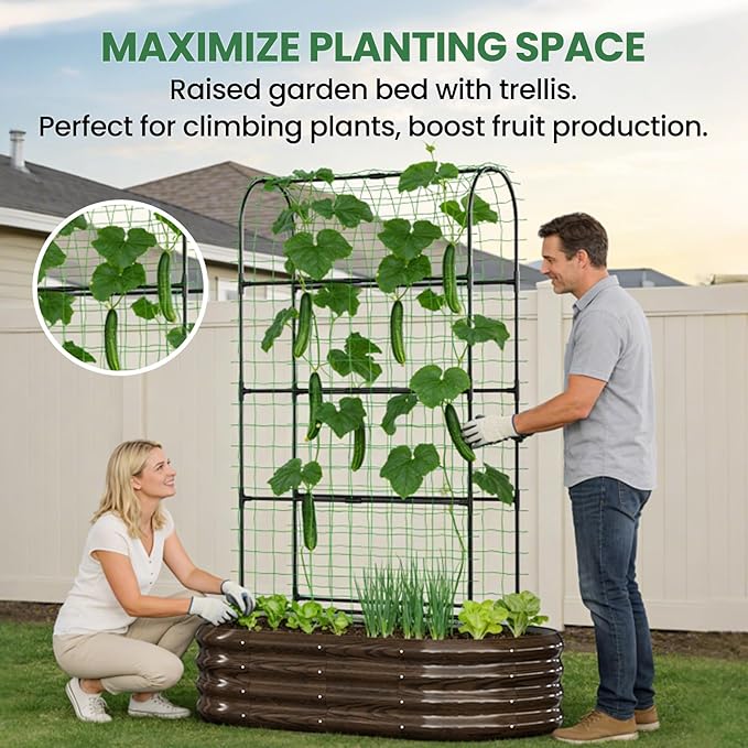 2 in 1 Galvanized Raised Garden Bed with 71" H Arch Trellis for Climbing Plants, Outdoor Gardening Planter Box with Climbing Net for Flowers Vegetables Fruits Herbs, Wood Grain