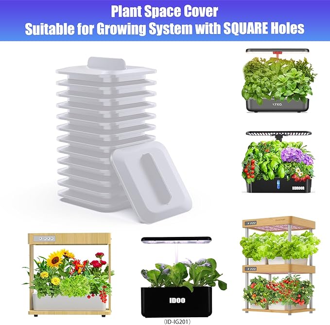 Plant Spacer Kit Compatible with Idoo, LYKO, QYO for Square Seed Pods, Grow Plant Deck Openings for Indoor Hydroponic Growing System, Square Spacer Cover Lid Accessories, Square (White, 12Pack)