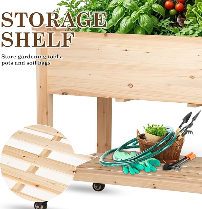 Raised Garden Bed with Lockable Wheels, 48x24x32 inch Elevated Wood Planter with Storage Shelf Protective Liner for Vegetable Flower Herb Outdoor Balcony Patio Backyard, Natural