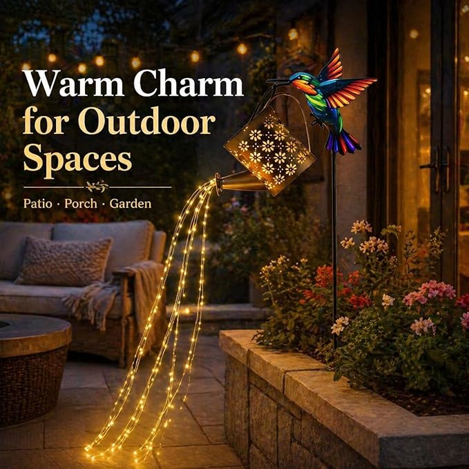 SSQPVEH Solar Watering Can Lights Outdoor, 30.7-Inch Metal Garden Stake Light with Hummingbird Hook, 36 LED Cascading Warm White Waterfall Light for Yard, Lawn, Patio, Garden Decor Gift for Mom
