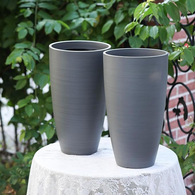 Outdoor Planters For Porch With Drainage Hole&Movable Insert Shelf Large Planters For Decorative Gray Wooden Grain Matte Finish For All House Plants Small Trees No Fading Planter 21Inch Tall Planter