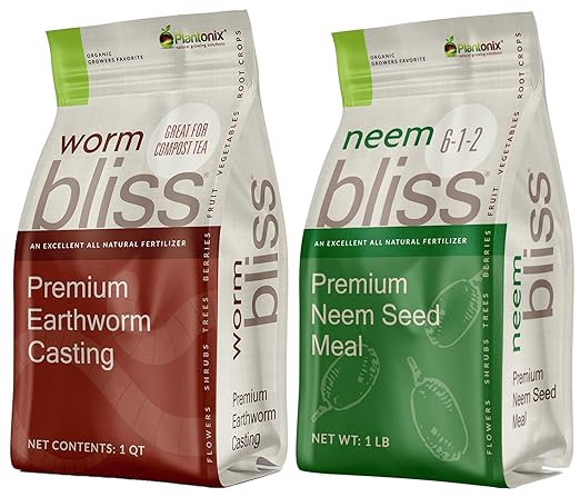 Worm Bliss (1 Qt) + Neem Bliss (1lb) - Organic Worm Castings for Plants & Neem Cake for Plants - Neem Seed Meal - Neem Meal Fertilizer - Neem Powder for Plants - Earthworm Castings Organic Fertilizer