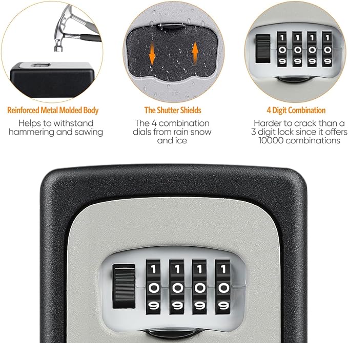 Key Lock Box Wall Mounted, Fayleeko 4 Digit Combination Lockbox for Outside, House Keys - 5 Keys Capacity, Key Safe Security Storage Lock Box for Indoor, Outdoor, Garage, Garden, Store (Grey, 1Pack)