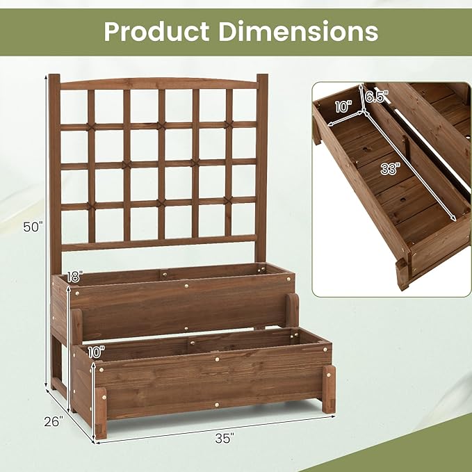 2-Tier Raised Garden Bed with Trellis, Wooden Elevated Planter Box with Legs, Hemp Rope & Drainage Holes, Raised Plant Bed for Backyard, Garden, Lawn