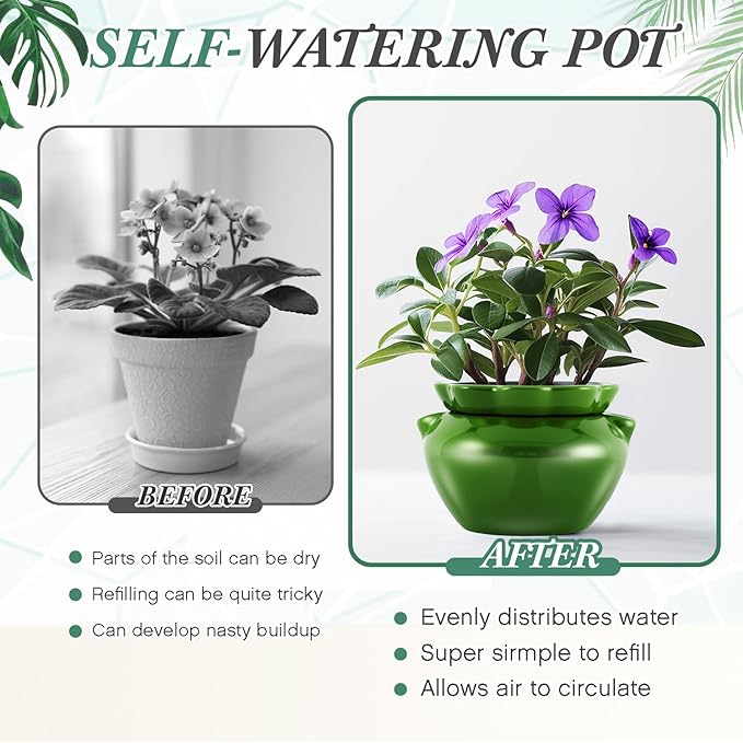 6.3 Inch African Violet Pots, Green Self Watering Pot for Indoor Plants, Ceramic Easy Plant Self Watering Pot for Thriving Plant Flower Maintenance