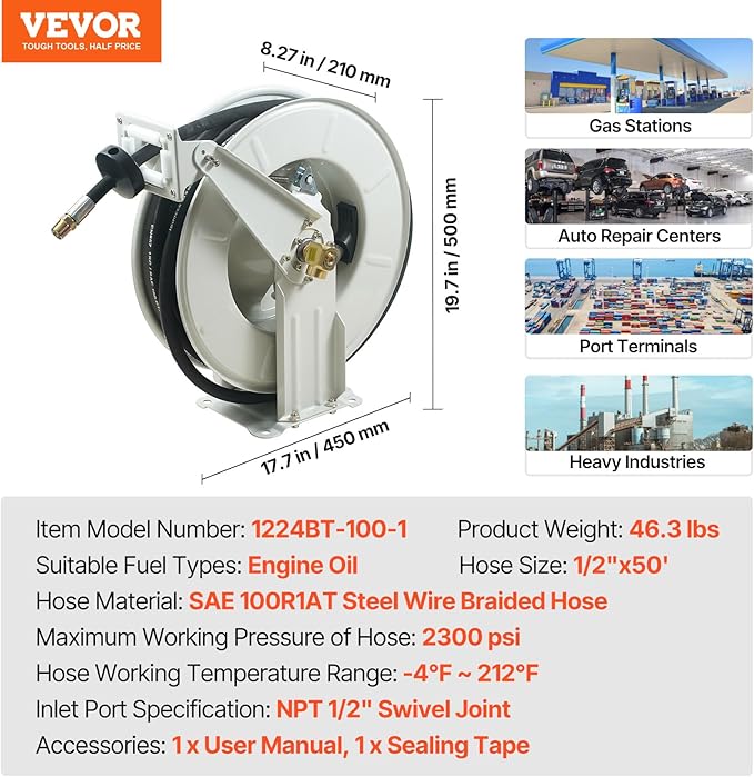 VEVOR Fuel Hose Reel, 1/2" x 50', Extra Long Retractable Machine Oil Hose Reel, Spring Driven Auto Swivel Rewind, Heavy-Duty Carbon Steel Construction with Hose for Auto Repair, Industries, 2300 PSI