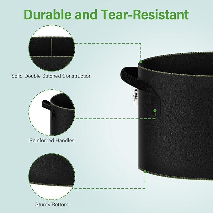 iPower 15-Gallon 5-Pack Grow Bag Thickened Nonwoven Fabric Pots Heavy Duty Aeration Container with Strap Handles for Garden and Planting Vegetable Flowers, Black with Green Stitch Sewing