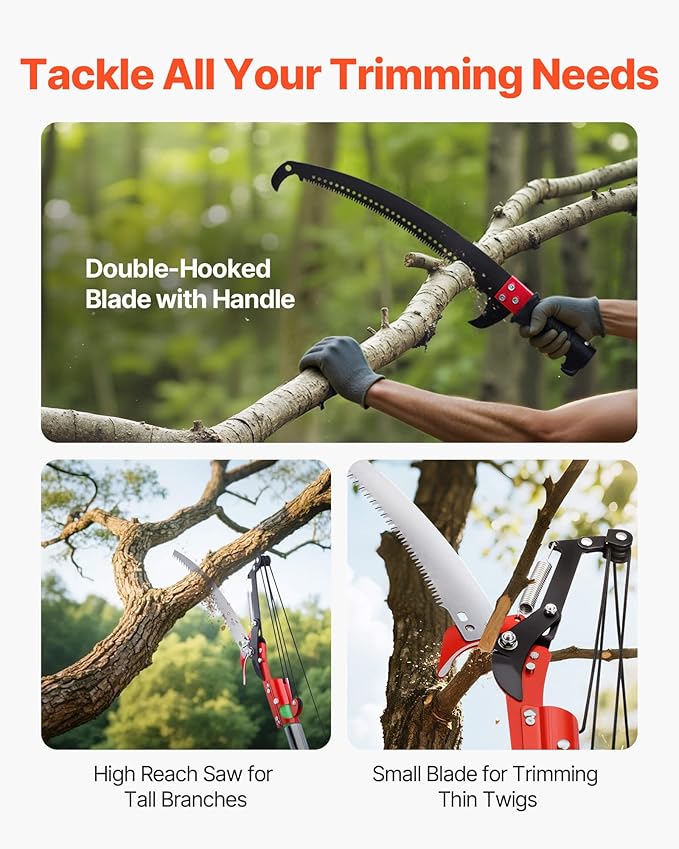VEVOR Manual Pole Saw, 3.87-27 ft Extendable Pole Tree Pruner with Scissors, Sharp 65Mn Steel Blade, Lightweight Fiberglass Handle Pole, for High Branch Trimming, Pruning Tool for Palms and Shrubs