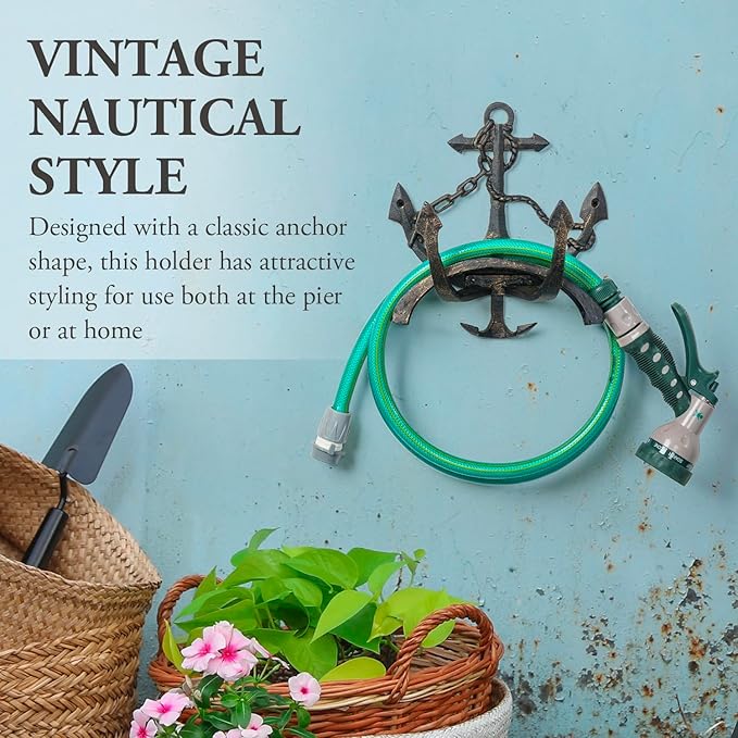 MyGift Brown Heavy Duty Cast Iron Outdoor Garden Hose Hanger Wall Mounted Water Hose Holder Reel with Vintage Scrollwork Design (Ship Anchor)