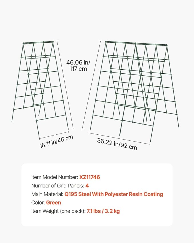 VEVOR Cucumber Trellis, 46" High Foldable A-Frame Garden Trellises for Raised Bed, 4 Panels, Metal Rustproof Outdoor Climbing Plant Support with 2 Plant Bags for Vine, Peas, Beans, Tomato, Flowers