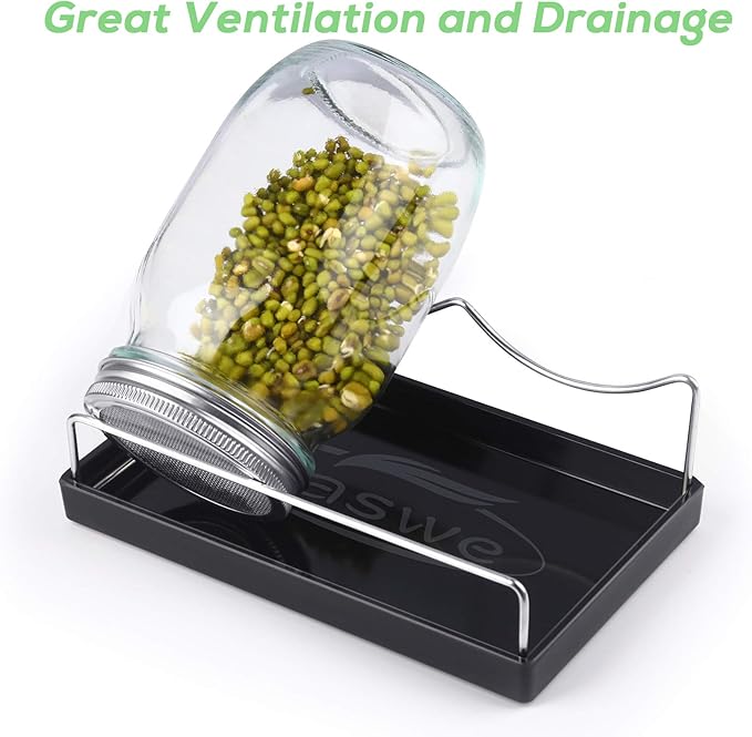 Seed Sprouting Jar Kit | 2 Wide Mouth Mason Jars & Stainless Steel Screen Lids,Tray,Stand and Canning Brush | Sprouter Set to Grow Broccoli, Alfalfa,Organic Microgreens Sprouts & Mung Bean (Black)