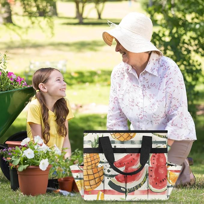 Garden Tool Bag Organizer Garden Tote Bag with Pockets Striped Watermelon Pineapple Tool Storage Organizer Gardening Tool Kit Holder 13" x 6.8" x 2.8"