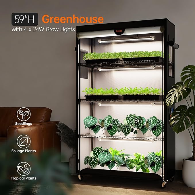 Bstrip Indoor Greenhouse with Grow Light, Plant Shelf with Oxford Fabric Grow Tent, Indoor Greenhouse Cabinet for Indoor Plant, Seed Starting, Seed Tray, 35.4"x13.8"x59"