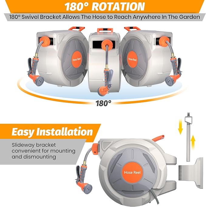 Retractable Garden Hose Reel, 5/8 in x 65 ft Wall Mounted Water Hose Reel with 9 Function Sprayer Nozzle, Any-Length Lock, Automatic Slow Rewind System, 180° Swivel Bracket for Yard, Garden, Outdoor