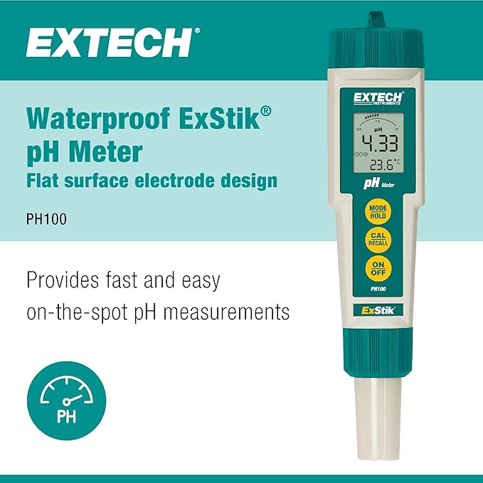 Extech PH100 Waterproof ExStik II pH Meter Kit with Flat Surface Electrode and Temperature Display
