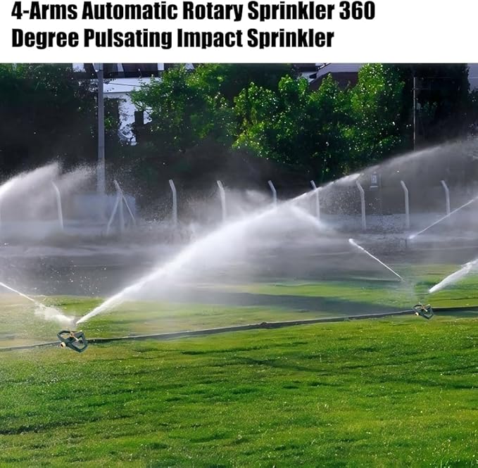 Metal Pulsating Sprinklers with Metal Base, 4-Arms Automatic Rotary Sprinkler 360 Degree Pulsating Impact Sprinklers Heavy Duty Zinc Alloy Impulse Water Sprinkler for Yard and Grass Irrigation