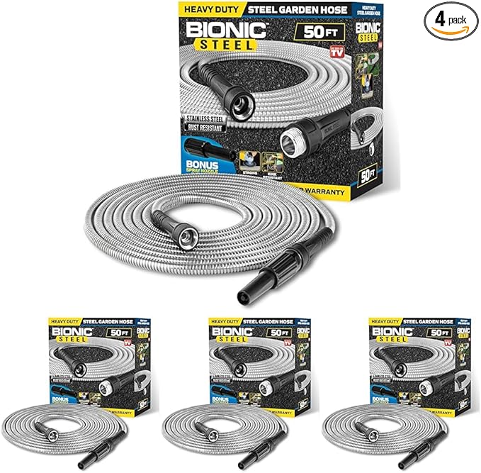BIONIC STEEL 50 Ft Metal Garden Hose with Sprayer Nozzle,Non Kinking Stainless Steel Heavy Duty Hose 50Ft x 5/8 in. Ultra Flexible NON Expandable for Uninterrupted Water Flow,500 PSI,(Pack of 4)