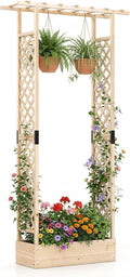 Giantex Wooden Raised Garden Bed with Trellis & Hanging Roof, Fir Wood Planter Box, 89” Freestanding Elevated Garden Bed for Outdoor Climbing Plants Vegetables Flowers, Patio & Balcony, Natural