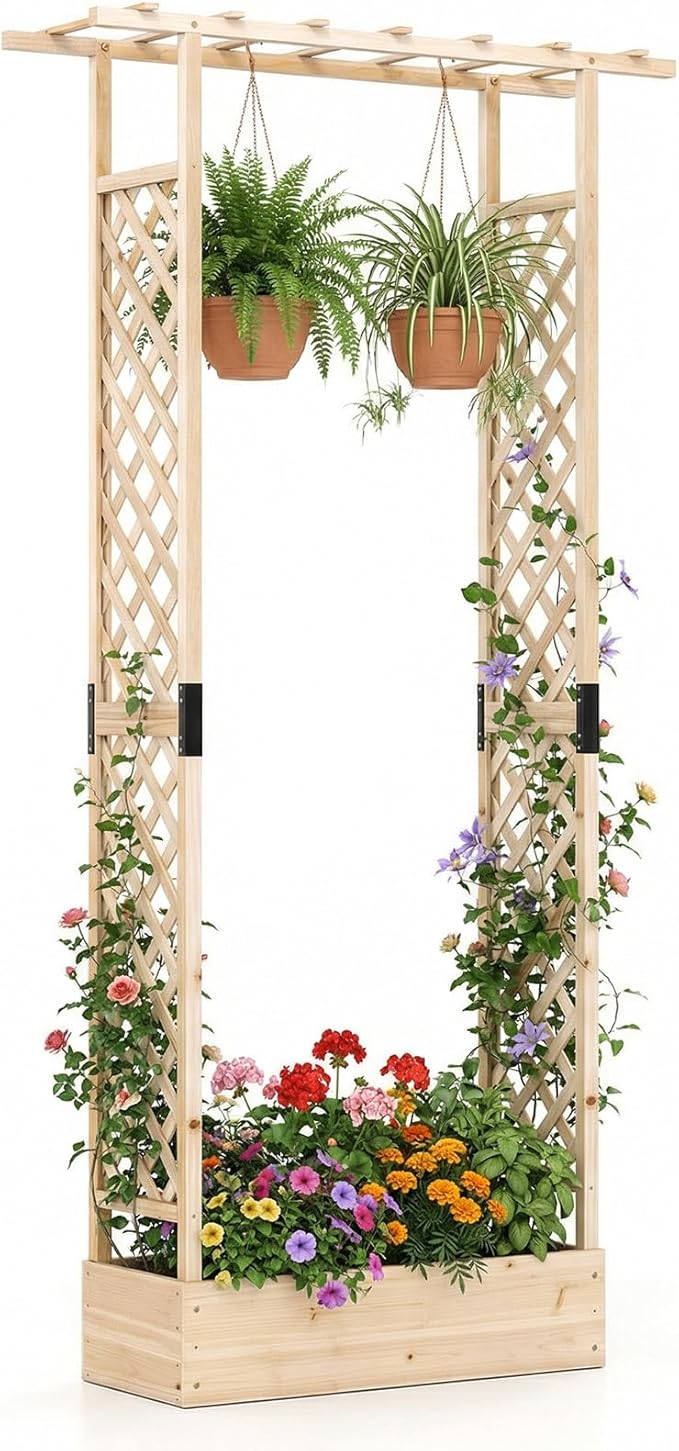 Giantex Wooden Raised Garden Bed with Trellis & Hanging Roof, Fir Wood Planter Box, 89” Freestanding Elevated Garden Bed for Outdoor Climbing Plants Vegetables Flowers, Patio & Balcony, Natural